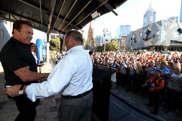 Schwarzenegger on stage in Melbourne to start the Arnold Family Walk.