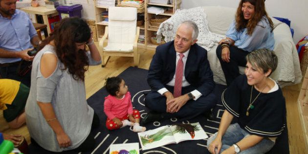 Prime Minister Malcolm Turnbull visits a Canberra childcare centre as he hopes his childcare package will pass the senate.
