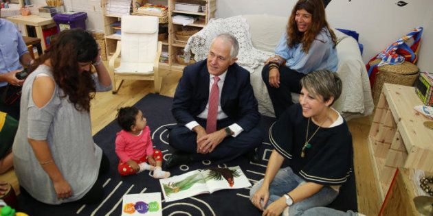 Prime Minister Malcolm Turnbull visits a Canberra childcare centre as he hopes his childcare package will pass the senate.