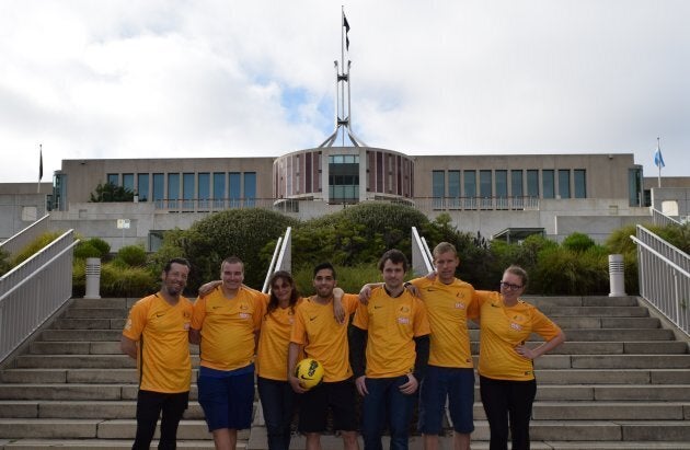 The Street Socceroos team, outside Parliament House on Wednesday