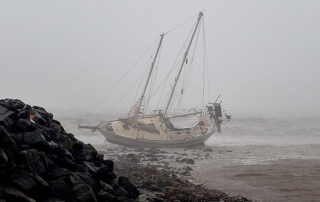 A ship thrown onto the rocks near the marina during Cyclone Debbie in Airlie Beach.