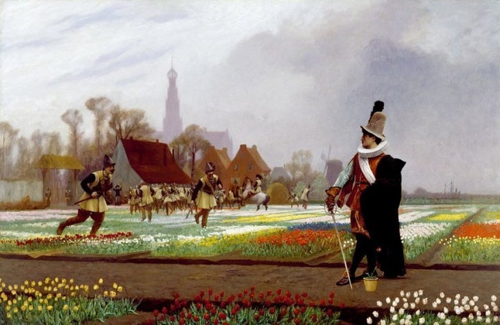 Soldiers destroy tulips to reduce supply and stabilise prices following the sudden collapse of tulip prices in seventeenth century Holland. The Tulip Folly (1882) by Jean-Léon Gérôme