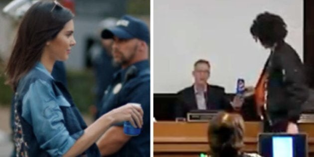 Left: In the cancelled commercial Kendall Jenner somehow solves police brutality by handing a police officer a can of Pepsi. Right: A protester in Portland attempts to hand the mayor a can of Pepsi, too.