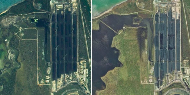 Satellite images show Caley Valley wetlands before Cyclone Debbie (left). After the cyclone (right), sediment-laden water is seen flowing from the Abbot Point coal terminal into the sensitive wetlands.