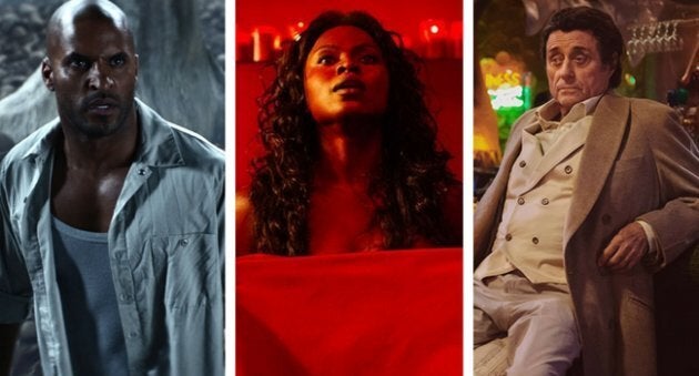 Ricky Whittle as Shadow Moon, Yetide Badaki as Bilquis and Ian McShane as Mr Wednesday in Starz's upcoming "American Gods".