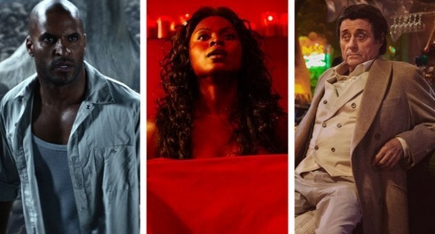 Ricky Whittle as Shadow Moon, Yetide Badaki as Bilquis and Ian McShane as Mr Wednesday in Starz's upcoming "American Gods".