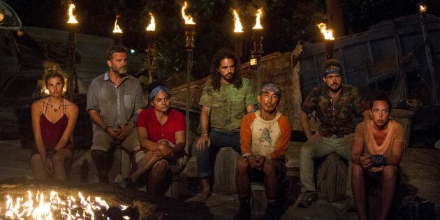 MANA ISLAND - JUNE 16: 'Vote Early, Vote Often' - Andrea Boehlke, Jeff Varner, Sandra Diaz-Twine, Oscar 'Ozzy' Lusth, Tai Trang, Zeke Smith and Sarah Lacina at Tribal Council on the sixth episode of SURVIVOR: Game Changers, airing Wednesday, April 5 (8:00-9:00 PM, ET/PT) on the CBS Television Network. (Photo by Jeffrey Neira/CBS via Getty Images)