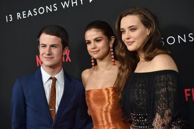 Actors Dylan Minnette, Selena Gomez and Katherine Langford arrive at the Premiere of Netflix's '13 Reasons Why' at Paramount Pictures on March 30, 2017 in Los Angeles, California.