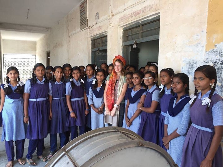 Teenage girls at Jyotiba Phule school, India on the day of the official opening of a girls toilet block - a life changing day for these students.