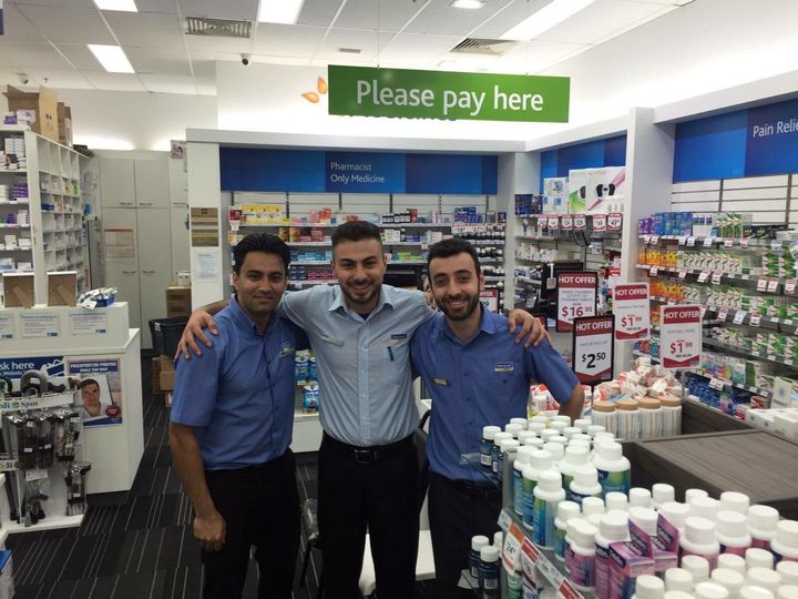 Movses Injejikian (R) at West Ryde Chemmart Pharmacy, where he works as a pharmacy assistant helping dispensary assistant and Webstar packer.