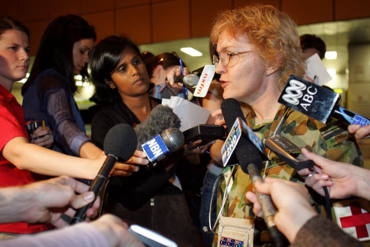 Dianne Stephens speaks to reporters after the second 2005 Bali Bombing.