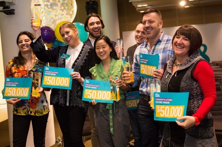 The seven winners of the Future Makers competition, left to right: Marina Paronetto, Penny Harnett, Brian Collyer, Marita Cheng, Dr Rowan Tulloch, Colin Jowell and Rhianon Vichta.