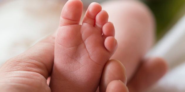 Foot of a new born baby being held by the hand of an adult