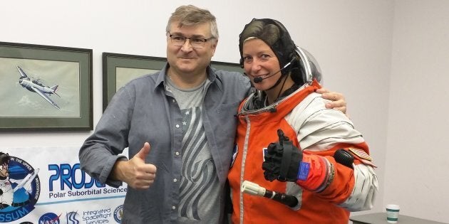 Sarah Jane Pell with Nikolay Moiseev, lead designer of the suborbital spacesuit she was testing while recording her TEDxMelbourne talk.