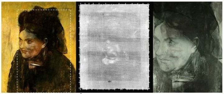 The original portrait, what's revealed in a scan, and an overlay showing the hidden portrait under the original.
