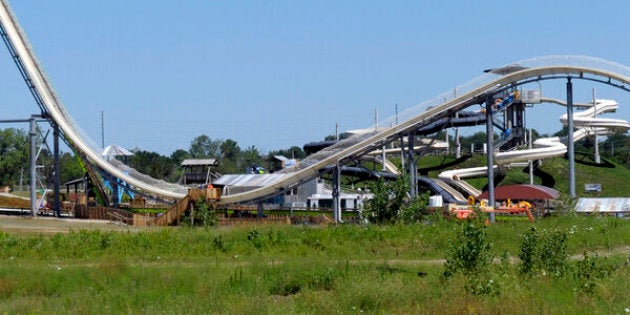 A general view of the Verrückt water slide at the Schlitterbahn Waterpark in Kansas City, Kansas, before its scheduled opening on July 10, 2014. The slide, at 168 feet 7 inches, is the world's tallest water slide, according to Guinness World Records.