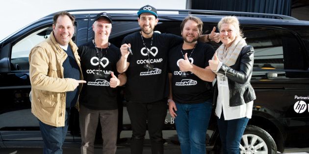 Winning entrepreneurs Code Camp Innovito were presented with the keys to their Vito van by Philip Dalidakis, Minister for Small Business, Innovation and Trade and Mercedes-Benz chief Diane Tarr.