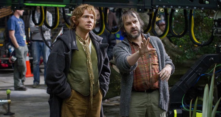 Director Peter Jackson, right, with Martin Freeman on the set of The Hobbit: An Unexpected Journey.