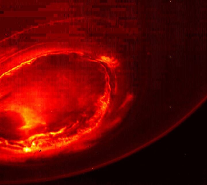 An infrared image showing Jupiter's southern aurora. Views like this are impossible from earth.