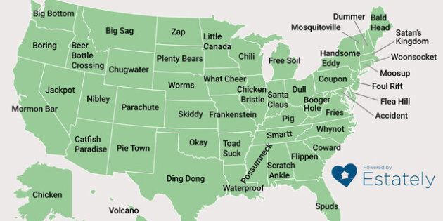 This map shows the oddest-named towns in each U.S. state, according to Esately.com.