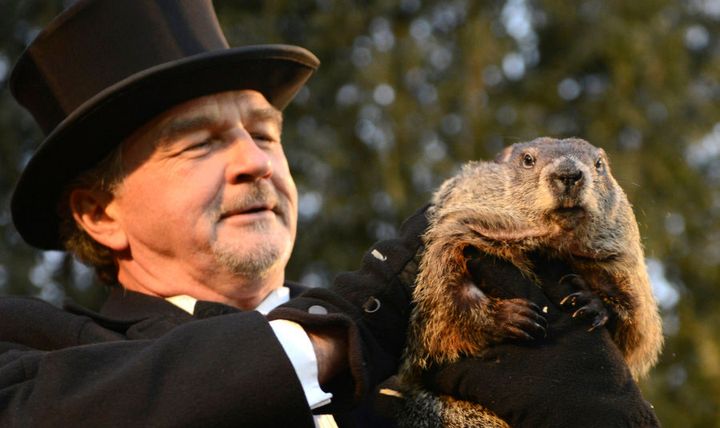 Groundhog co-handler John Griffiths holds up Punxsutawney Phil after his annual weather prediction.
