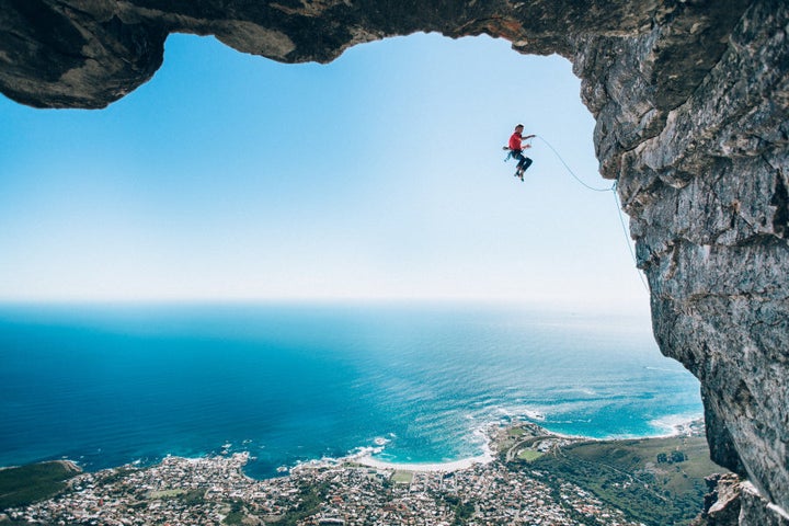 Micky Wiswedel's shot of climber Jamie Smith mid-fall as he attempts a new route on Table Mountain, Cape Town.