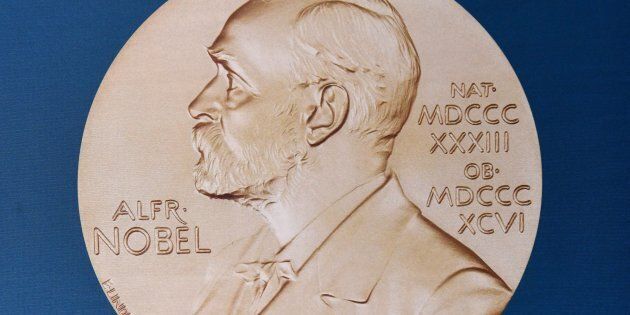 A portrait of Swedish inventor and scholar Alfred Nobel can be seen on the speaker's desk at the Nobel Forum in Stockholm, prior to the announcement of the Nobel Prize in Medicine on October 3, 2016.The 2016 Nobel prize season kicks off with the announcement of the medicine prize by a scandal-tainted jury, to be followed over the next 10 days by the other science awards and those for peace and literature. / AFP / JONATHAN NACKSTRAND (Photo credit should read JONATHAN NACKSTRAND/AFP/Getty Images)