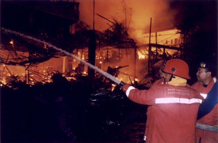 The Sari Club blazes after a bomb detonates in 2002.