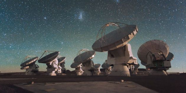 Antennas of the European Southern Observatory's Atacama Large Millimeter/submillimeter Array ALMA facility on the Chajnantor Plateau in the Chilean Andes.