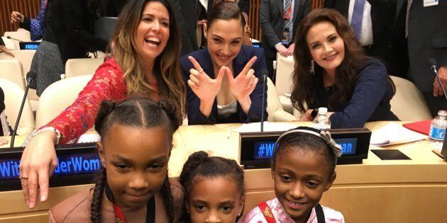 Wonder Woman Director Patty Jenkins, Gal Gadot, and Lynda Carter pose with young Wonder Woman fans on Oct. 21 UN ambassador announcement