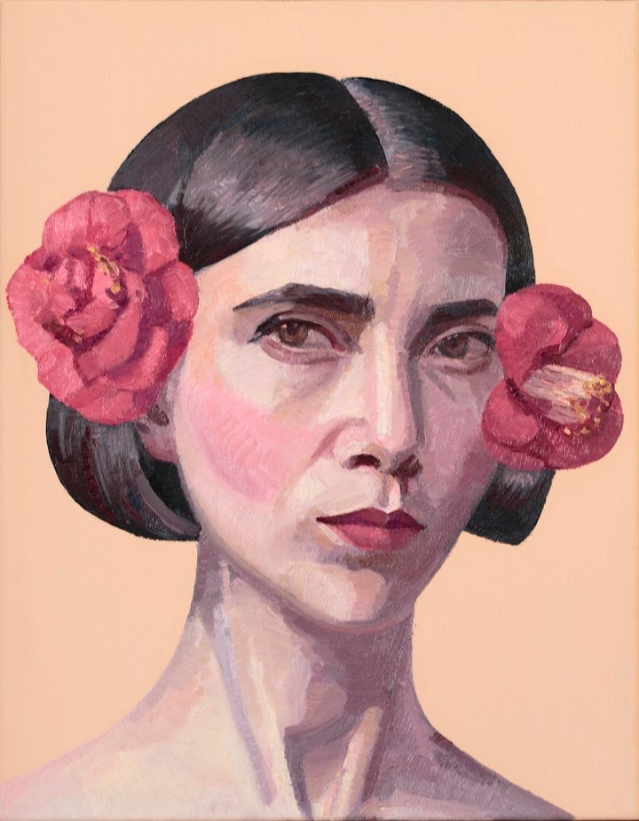 Self Portrait with Camellias by Yvette Coppersmith