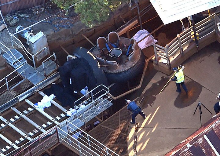 Queensland Emergency Services personnel at the Thunder River Rapids ride at Dreamworld on the Gold Coast shortly after the accident.