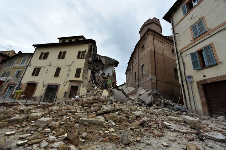 The collapsed bell tower of the Santa Maria in Via church in Camerino where 80 per cent of houses were left uninhabitable following Wednesday's quake.