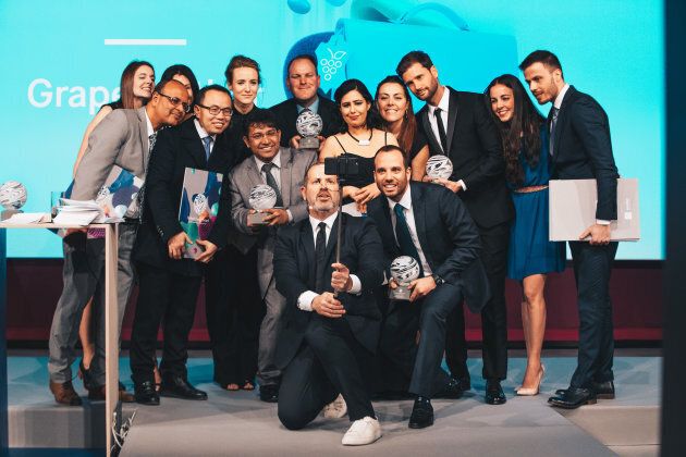 The Aussie team (largely appearing left) among the Global Change Award winners are poised to make their fashion innovations a reality. But first, a selfie.