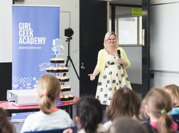 Girl Geek Academy CEO Sarah Moran chatting to the kids about coding.