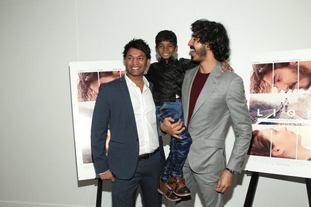 Saroo Brierley (left), with Sunny Pawar and Dev Patel.