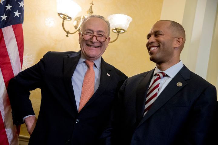Senate Minority Leader Chuck Schumer (left) and Rep. Hakeem Jeffries are teaming up to try to declassify marijuana as a controlled substance.