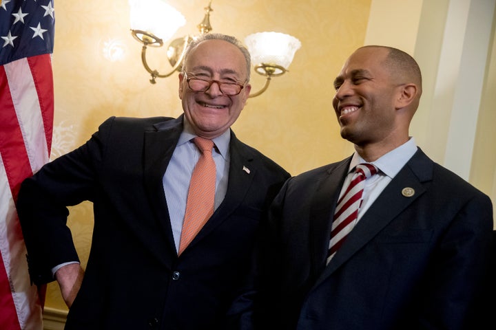 Senate Minority Leader Chuck Schumer (left) and Rep. Hakeem Jeffries are teaming up to try to declassify marijuana as a contr