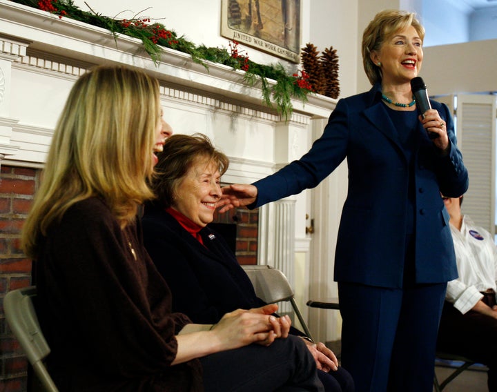 Hillary Clinton (R) introducing her mother Dorothy Rodham (center) and daughter Chelsea (left) during a campaign stop in 2007.