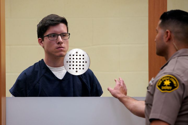 John T. Earnest, left, appears for his arraignment hearing Tuesday, April 30, 2019, in San Diego. 