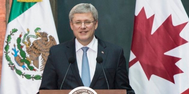 MEXICO CITY, MEXICO - FEBRUARY 18: Prime Minister of Canada Stephen Harper talks during a conference at the National Palace on February 18, 2014 in Mexico City, Mexico. Harper is in Mexico for a Wednesday meeting with the leaders of Mexico and the United States. (Photo by Miguel Tovar/LatinContent/Getty Images)