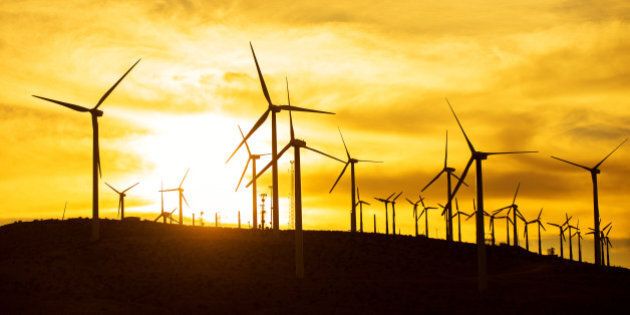 windmills, air turbines, sunset, palm springs, orange, renewable energy, green energy, green, wind power