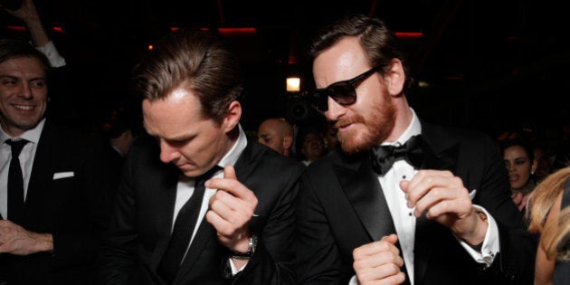 IMAGE DISTRIBUTED FOR FOX - Benedict Cumberbatch, left, and Michael Fassbender attend the FOX after party for the 71st Annual Golden Globes award show on Sunday, Jan. 12, 2014 in Beverly Hills, Calif. (Photo by Todd Williamson/Invision for FOX Broadcasting Company/AP Images)