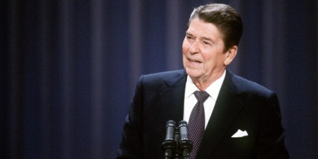 US President and Republican presidential candidate Ronald Reagan addresses the Republican National Convention (RNC) in Dallas on August 23, 1984. (Photo credit should read -/AFP/Getty Images)