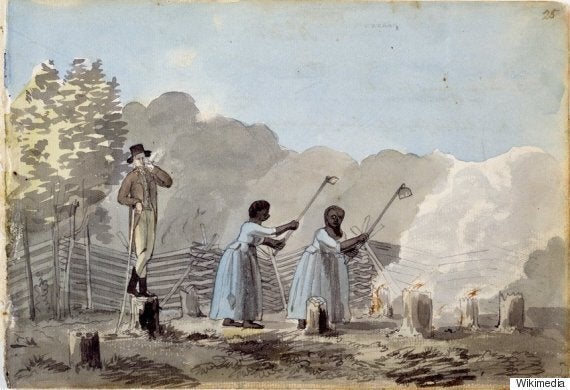 A watercolour of an overseer watching his slaves work. (Wikimedia Commons)