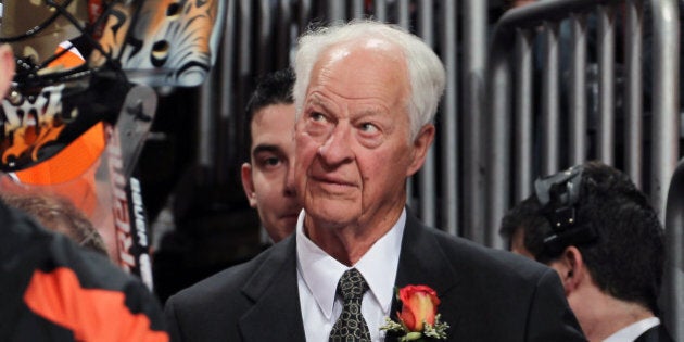 PHILADELPHIA, PA - MARCH 06: Gordie Howe looks on during his son's Mark Howe of the Philadelphia Flyers number-retirement ceremony on March 6, 2012 at the Wells Fargo Center in Philadelphia, Pennsylvania. The Flyers would go on to defeat the Detroit Red Wings 3-2. (Photo by Len Redkoles/NHLI via Getty Images)