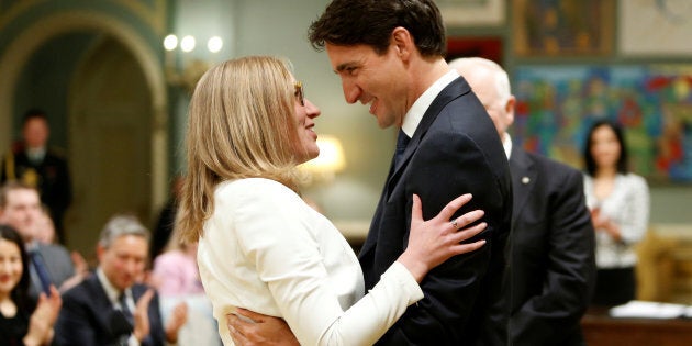 Prime Minister Justin Trudeau congratulates Karina Gould after she was sworn-in as Minister of Democratic Institutions during a cabinet shuffle at Rideau Hall in Ottawa on Jan. 10, 2017.