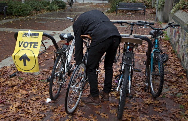 Voters park their bicycles outside a polling station in downtown Vancouver, B.C. on Oct. 19, 2015.