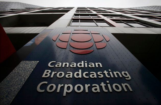 A sign is seen at the Canadian Broadcasting Corporation building in Toronto.