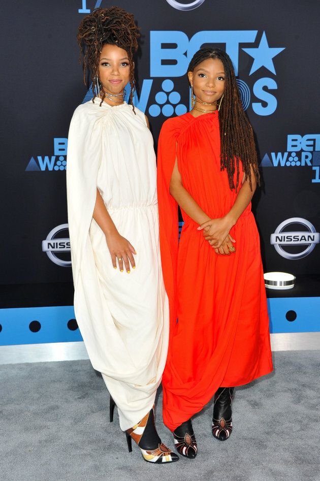 Chloe Bailey (L) and Halle Bailey of Chloe x Halle arrive at the 2017 BET Awards at Microsoft Theater on June 25, 2017 in Los Angeles, California. (Photo by Allen Berezovsky/WireImage)